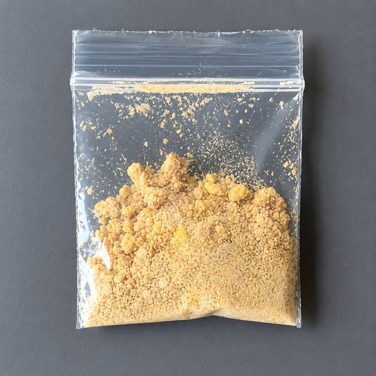 Yellow crystalline extract powder inside a sealed transparent inner sachet bag