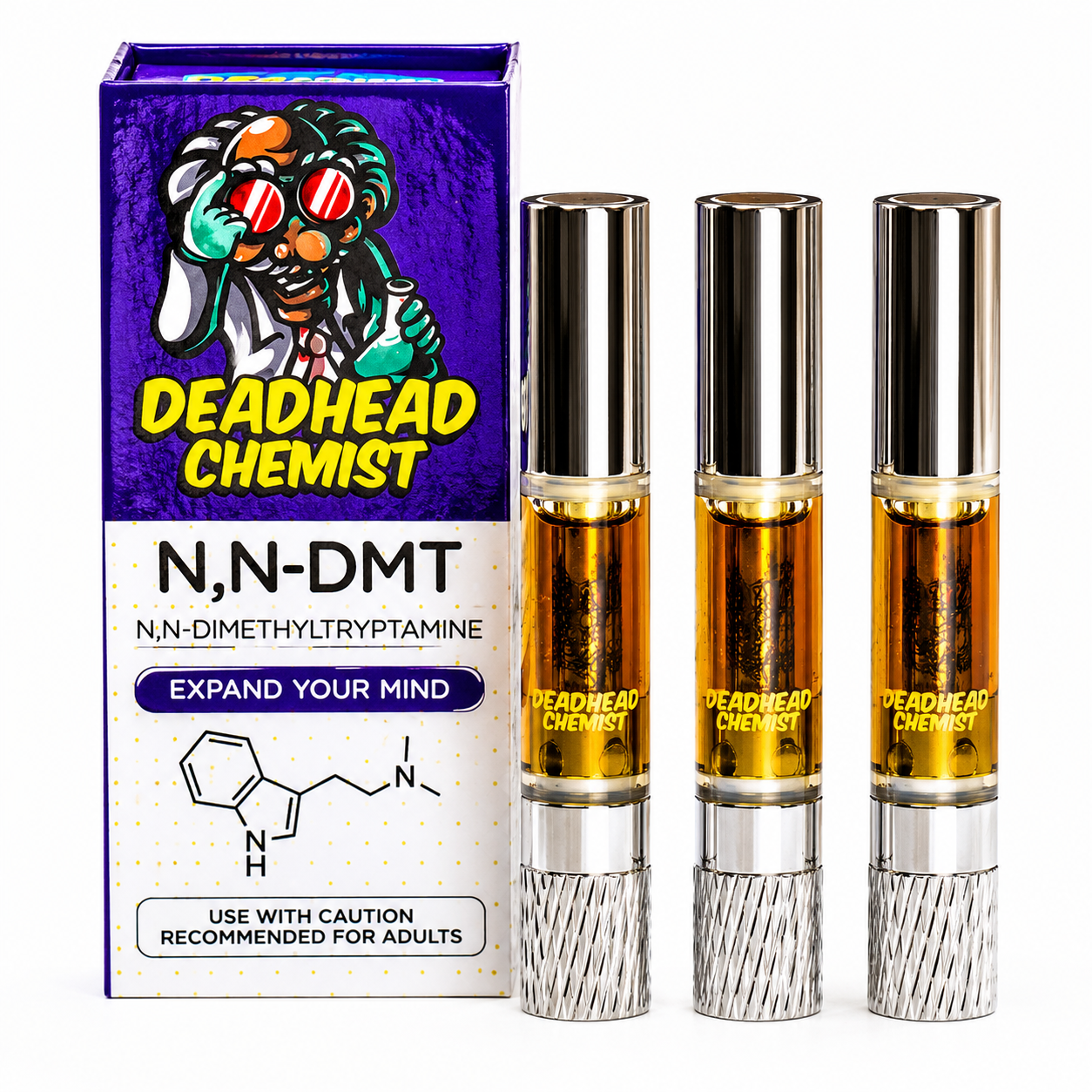 3 pack of 1ml DMT Cartridges by Dead Chemist in retail packaging